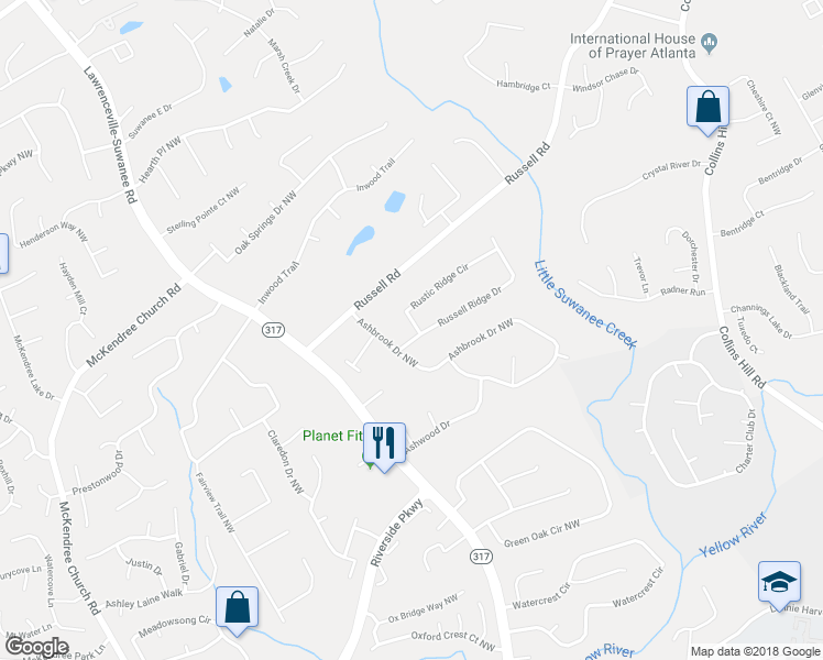 map of restaurants, bars, coffee shops, grocery stores, and more near 503 Rustic Ridge Circle in Lawrenceville