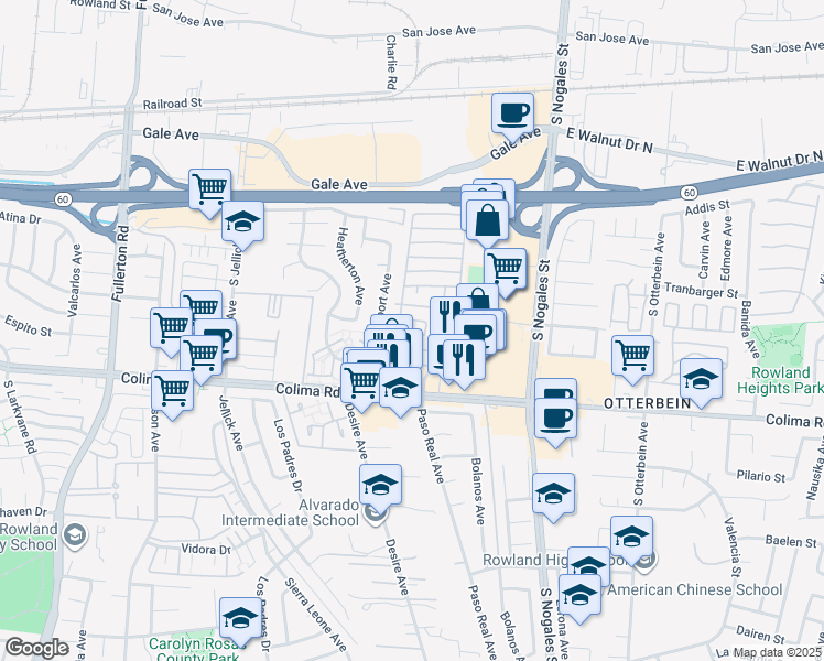 map of restaurants, bars, coffee shops, grocery stores, and more near 1441 Paso Real Avenue in La Puente