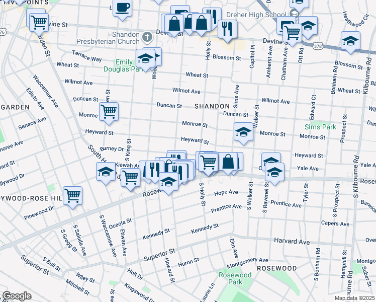 map of restaurants, bars, coffee shops, grocery stores, and more near 2825 Burney Drive in Columbia