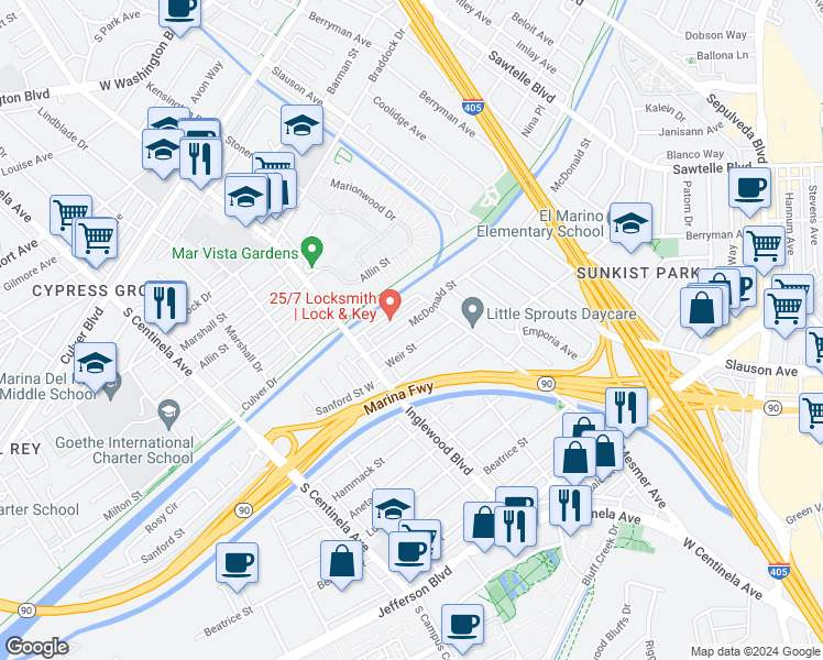 map of restaurants, bars, coffee shops, grocery stores, and more near 11922 McDonald Street in Culver City