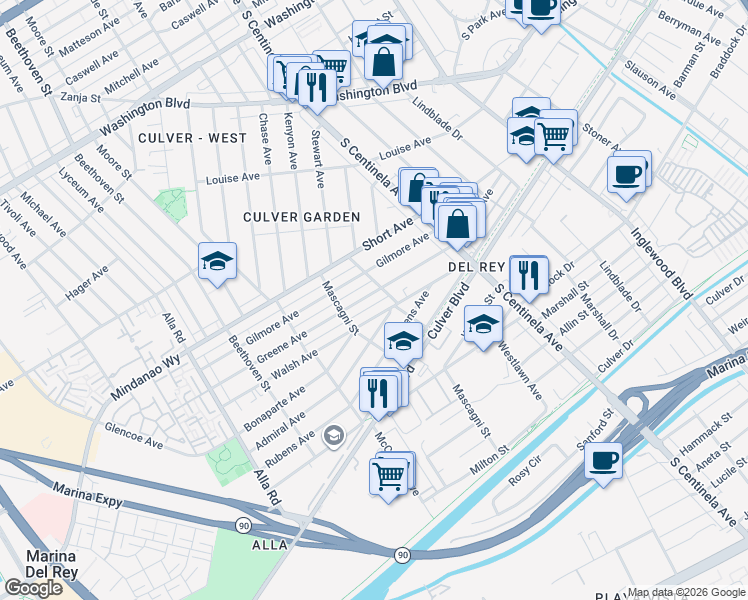 map of restaurants, bars, coffee shops, grocery stores, and more near 12516 Greene Avenue in Los Angeles