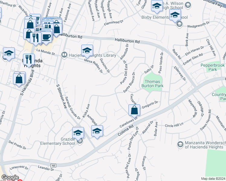 map of restaurants, bars, coffee shops, grocery stores, and more near 2241 Punta Del Este Drive in Hacienda Heights