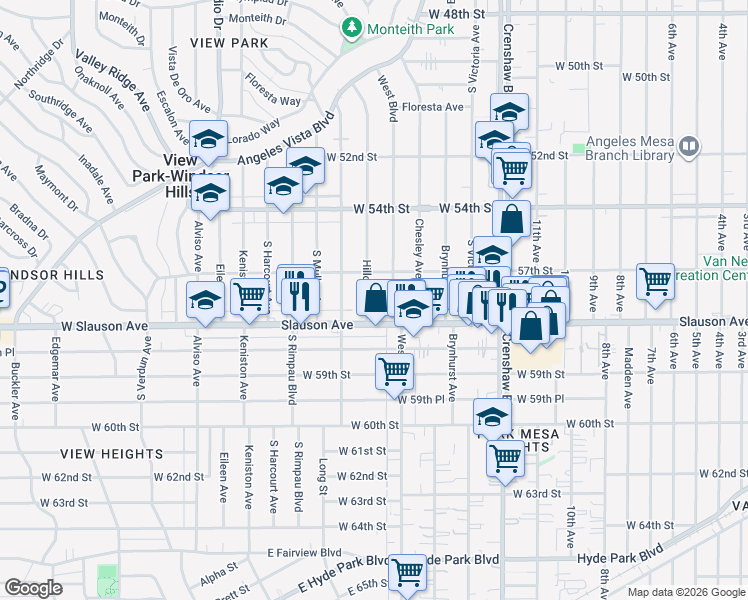 map of restaurants, bars, coffee shops, grocery stores, and more near 5732 Hillcrest Drive in Los Angeles