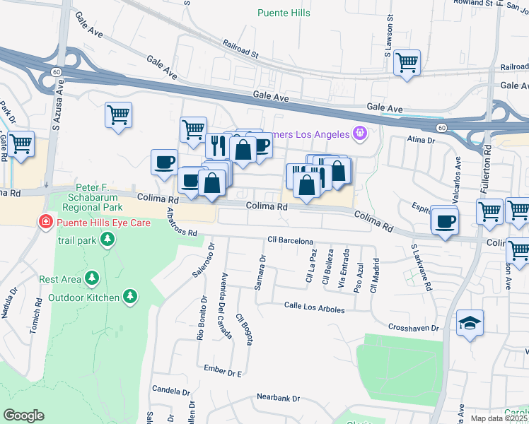 map of restaurants, bars, coffee shops, grocery stores, and more near 17800 Colima Road in Rowland Heights