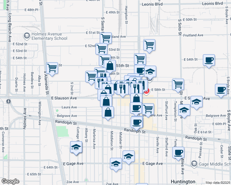 map of restaurants, bars, coffee shops, grocery stores, and more near 2454 East 58th Street in Vernon