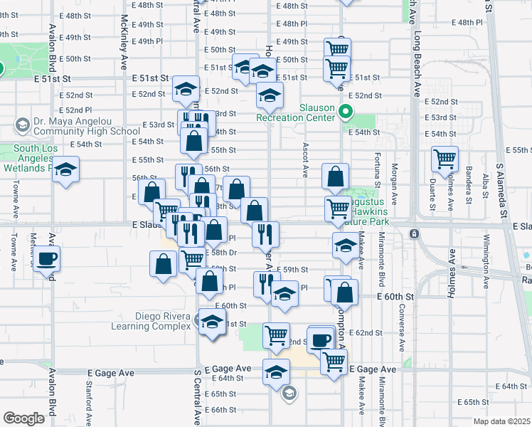 map of restaurants, bars, coffee shops, grocery stores, and more near 1268 East 58th Street in Los Angeles
