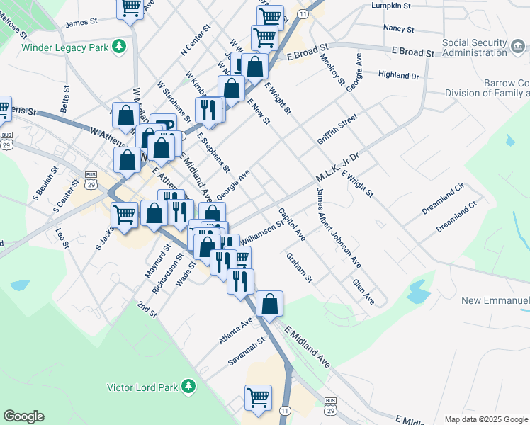 map of restaurants, bars, coffee shops, grocery stores, and more near 94 Martin Luther King Jr Drive in Winder