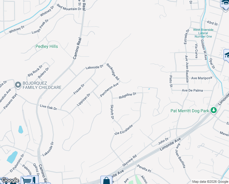 map of restaurants, bars, coffee shops, grocery stores, and more near 5428 Skyloft Drive in Riverside