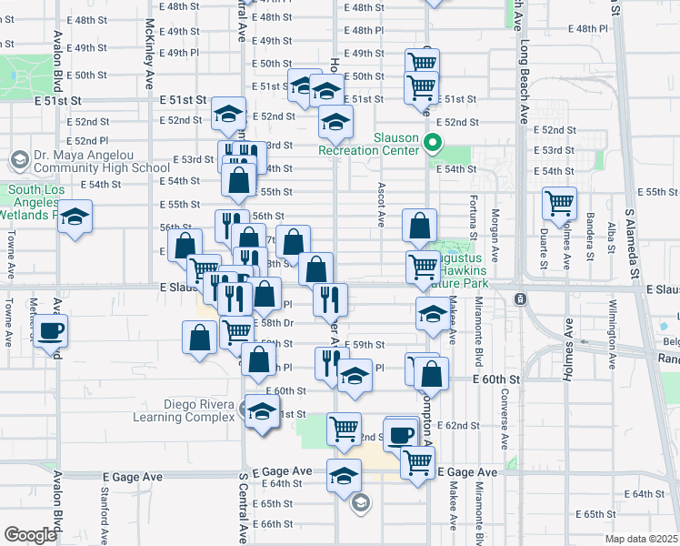 map of restaurants, bars, coffee shops, grocery stores, and more near 5808 Hooper Avenue in Los Angeles