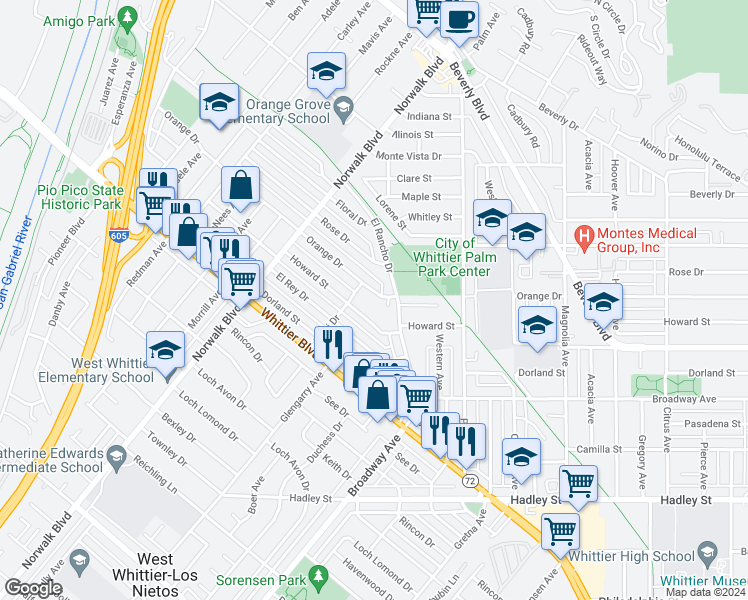 map of restaurants, bars, coffee shops, grocery stores, and more near 11122 Orange Drive in Whittier