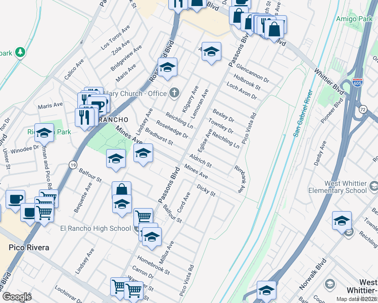 map of restaurants, bars, coffee shops, grocery stores, and more near 9403 Aldrich Street in Pico Rivera