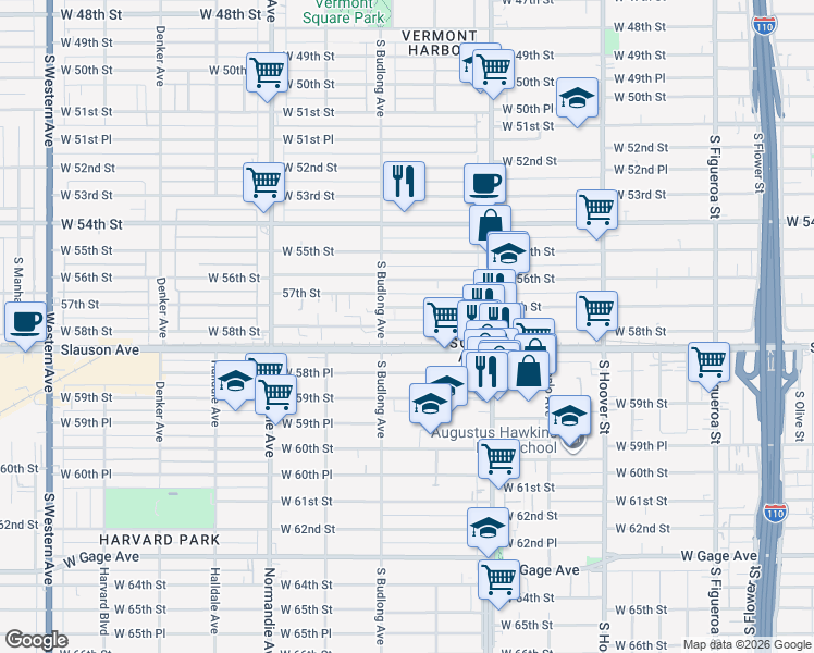 map of restaurants, bars, coffee shops, grocery stores, and more near 1133 West 58th Street in Los Angeles
