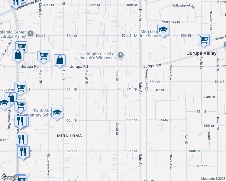 map of restaurants, bars, coffee shops, grocery stores, and more near 10318 54th Street in Jurupa Valley