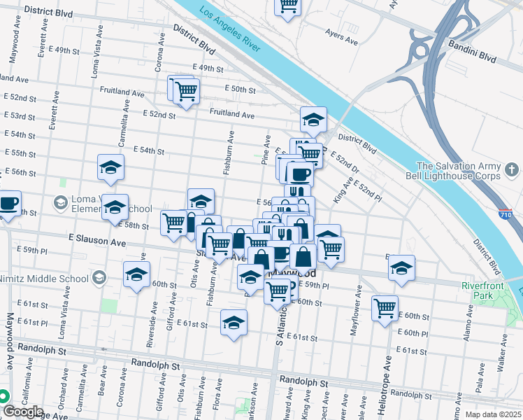 map of restaurants, bars, coffee shops, grocery stores, and more near 5606 Pine Avenue in Maywood