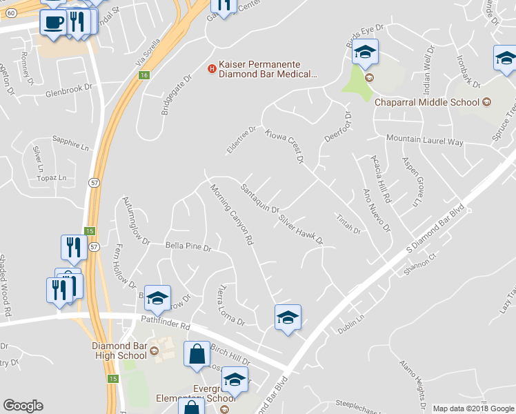 map of restaurants, bars, coffee shops, grocery stores, and more near 21818 Santaquin Drive in Diamond Bar