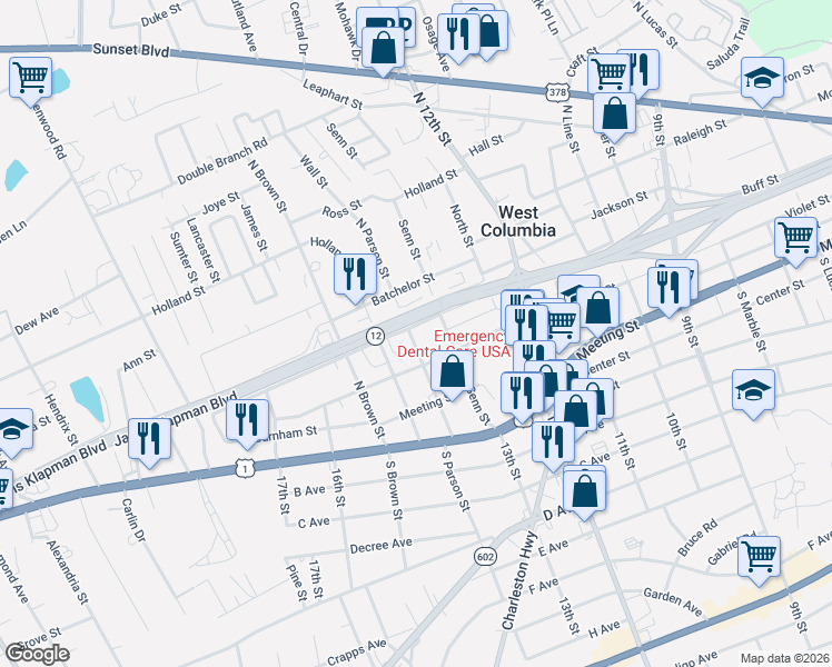 map of restaurants, bars, coffee shops, grocery stores, and more near 320 North Parson Street in West Columbia