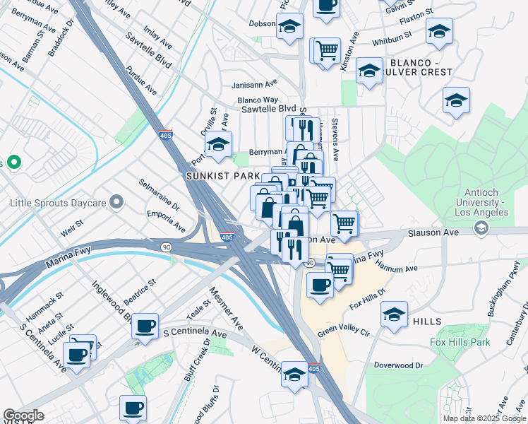 map of restaurants, bars, coffee shops, grocery stores, and more near 11522 Segrell Way in Culver City