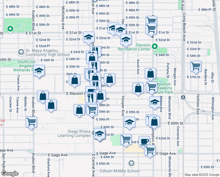 map of restaurants, bars, coffee shops, grocery stores, and more near 1202 East 58th Street in Los Angeles