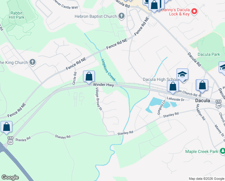 map of restaurants, bars, coffee shops, grocery stores, and more near 2185 U.S. 29 Business in Dacula