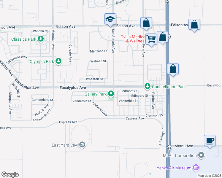 map of restaurants, bars, coffee shops, grocery stores, and more near 6685 Eucalyptus Avenue in Chino