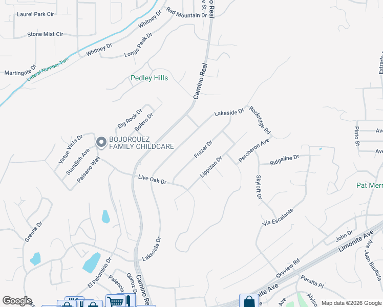 map of restaurants, bars, coffee shops, grocery stores, and more near 7639 Frazer Drive in Riverside