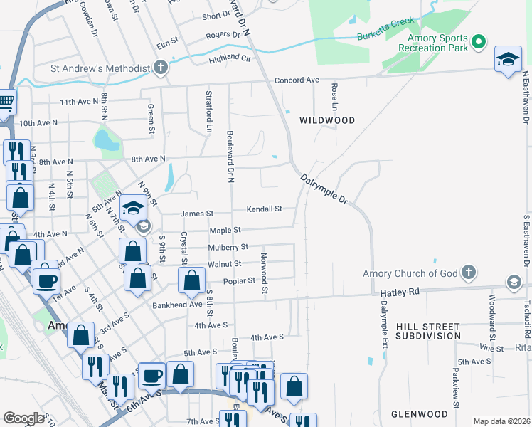 map of restaurants, bars, coffee shops, grocery stores, and more near 1102 Kendall Street in Amory
