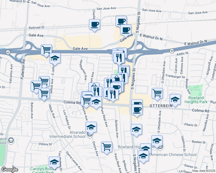 map of restaurants, bars, coffee shops, grocery stores, and more near 1440 Paso Real Avenue in Rowland Heights