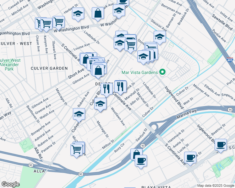map of restaurants, bars, coffee shops, grocery stores, and more near 12371 Braddock Drive in Culver City