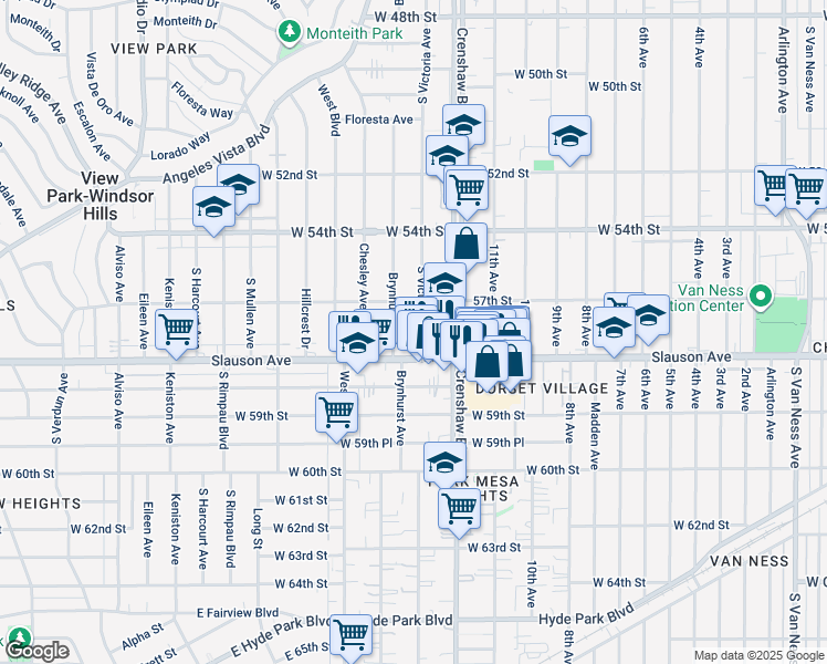 map of restaurants, bars, coffee shops, grocery stores, and more near 5733 South Victoria Avenue in Los Angeles
