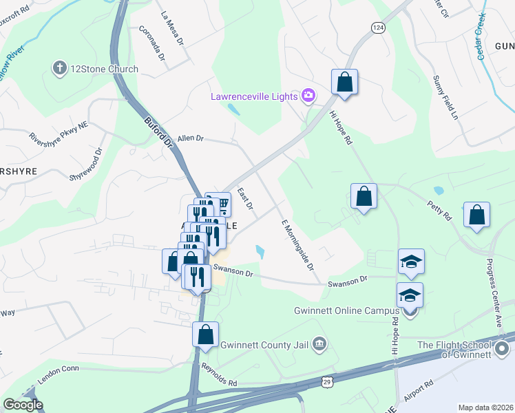 map of restaurants, bars, coffee shops, grocery stores, and more near 947 East Dr in Lawrenceville