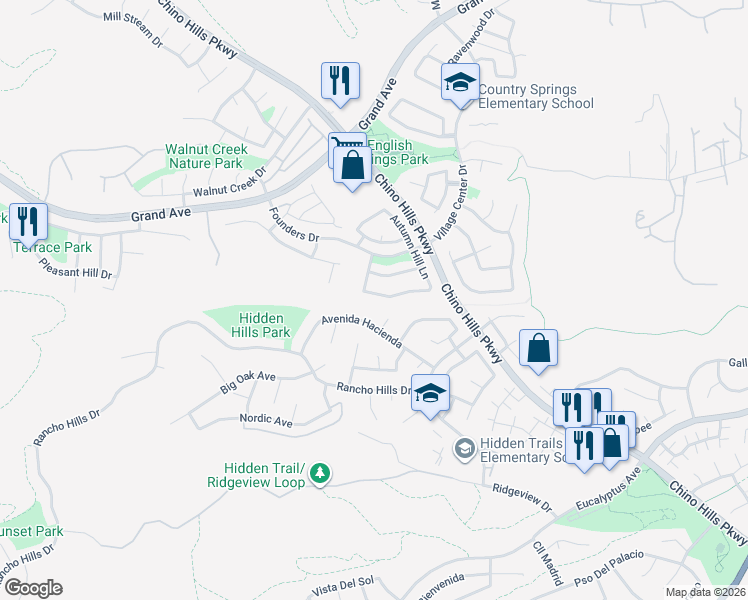 map of restaurants, bars, coffee shops, grocery stores, and more near 2115 Sun Ridge Drive in Chino Hills