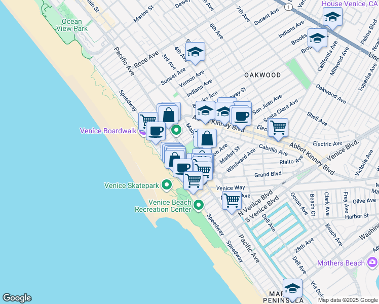 map of restaurants, bars, coffee shops, grocery stores, and more near 1234 Pacific Avenue in Los Angeles