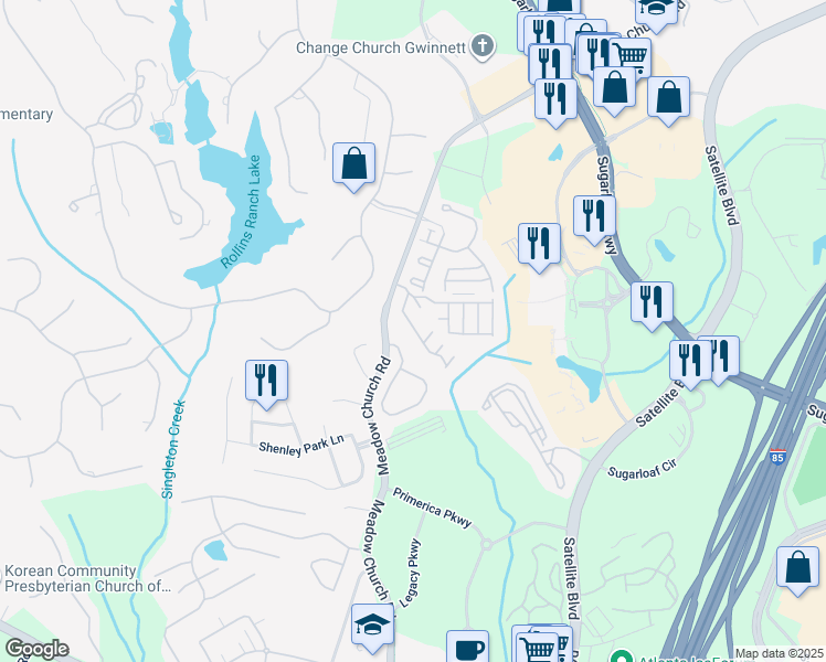 map of restaurants, bars, coffee shops, grocery stores, and more near 2694 Ridge Run Tr in Duluth