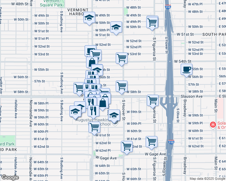 map of restaurants, bars, coffee shops, grocery stores, and more near 841 West 58th Street in Los Angeles