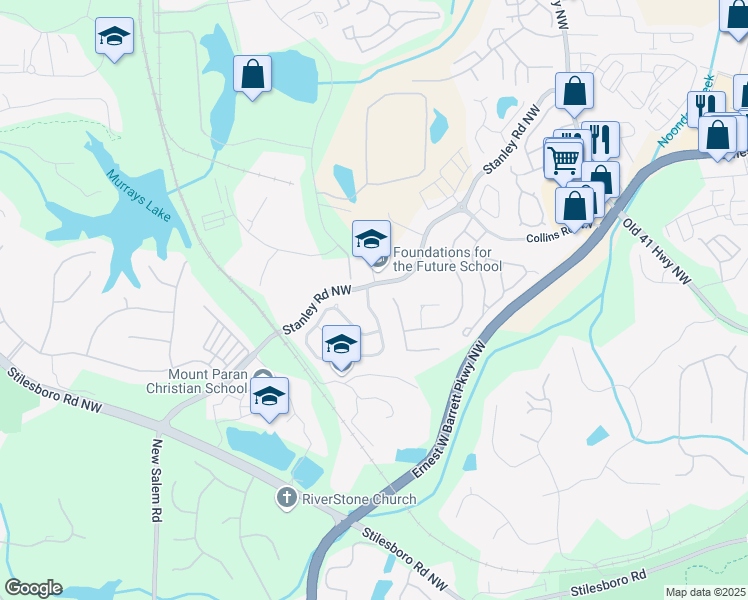 map of restaurants, bars, coffee shops, grocery stores, and more near 1917 Barrett Knoll Circle in Kennesaw