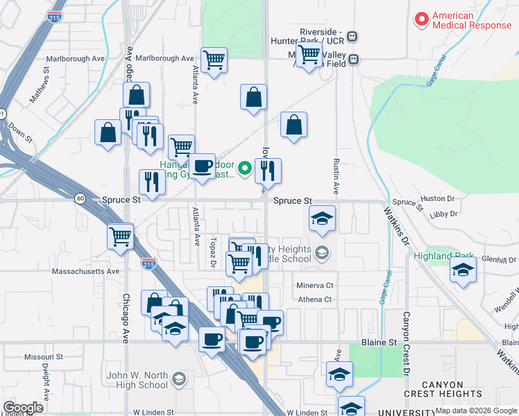 map of restaurants, bars, coffee shops, grocery stores, and more near 1301 Wheaton Way in Riverside
