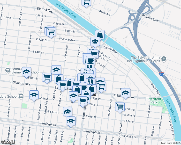 map of restaurants, bars, coffee shops, grocery stores, and more near 4502 East 56th Street in Maywood