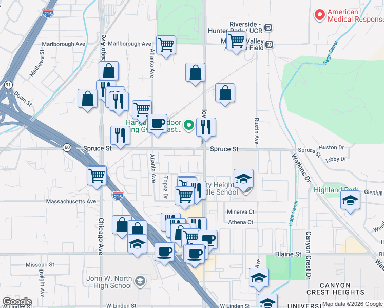 map of restaurants, bars, coffee shops, grocery stores, and more near 1307 Wheaton Way in Riverside