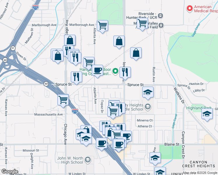 map of restaurants, bars, coffee shops, grocery stores, and more near 1419 Clemson Way in Riverside