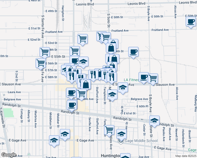 map of restaurants, bars, coffee shops, grocery stores, and more near 2746 East 58th Street in Huntington Park