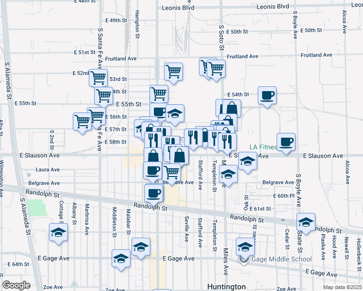 map of restaurants, bars, coffee shops, grocery stores, and more near 2700 East 58th Street in Huntington Park