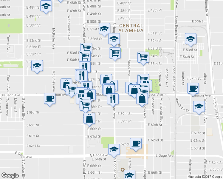 map of restaurants, bars, coffee shops, grocery stores, and more near 1268 East 58th Street in Los Angeles