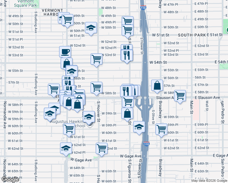 map of restaurants, bars, coffee shops, grocery stores, and more near 639 West 58th Street in Los Angeles