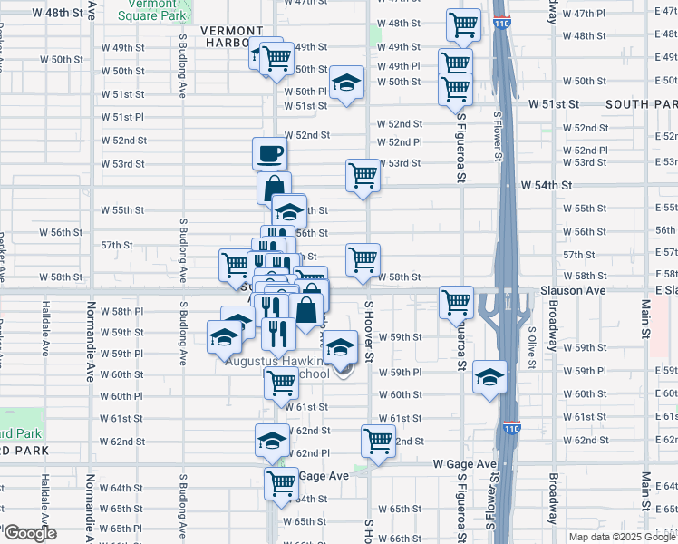 map of restaurants, bars, coffee shops, grocery stores, and more near 841 West 58th Street in Los Angeles