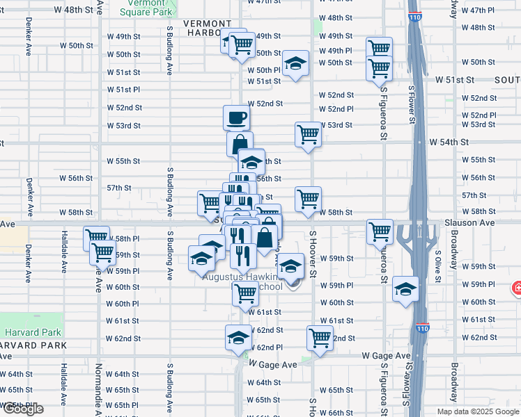 map of restaurants, bars, coffee shops, grocery stores, and more near 921 West 58th Street in Los Angeles