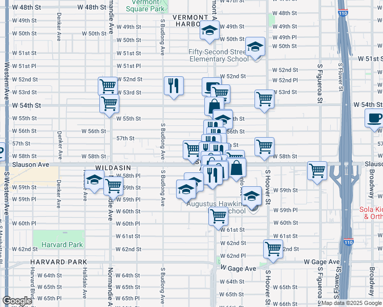 map of restaurants, bars, coffee shops, grocery stores, and more near 1039 West 58th Street in Los Angeles
