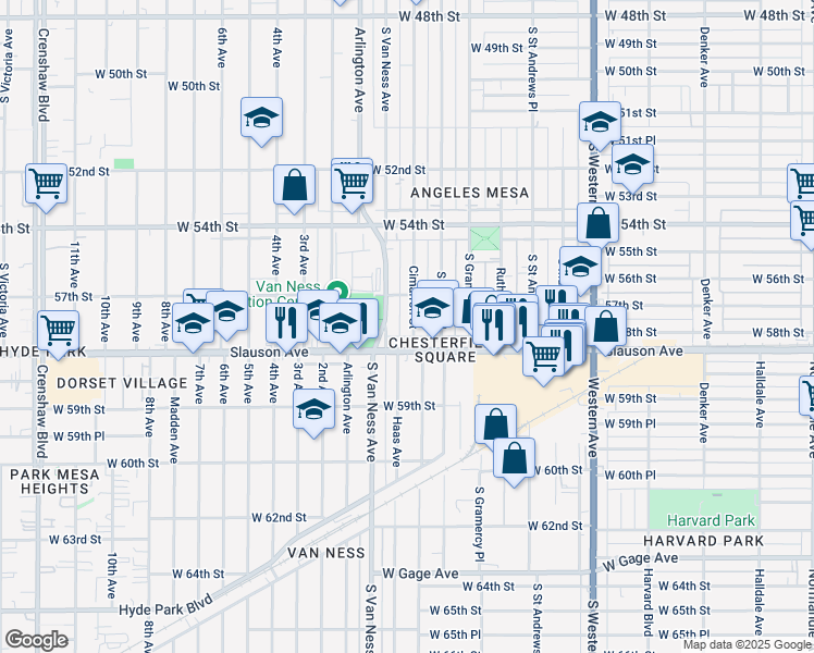 map of restaurants, bars, coffee shops, grocery stores, and more near 5730 South Van Ness Avenue in Los Angeles
