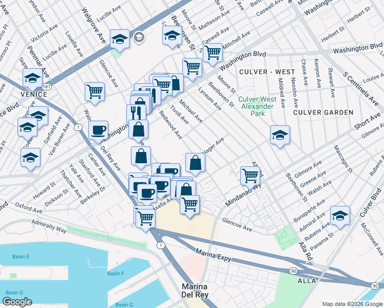 map of restaurants, bars, coffee shops, grocery stores, and more near 4133 Redwood Avenue in Los Angeles