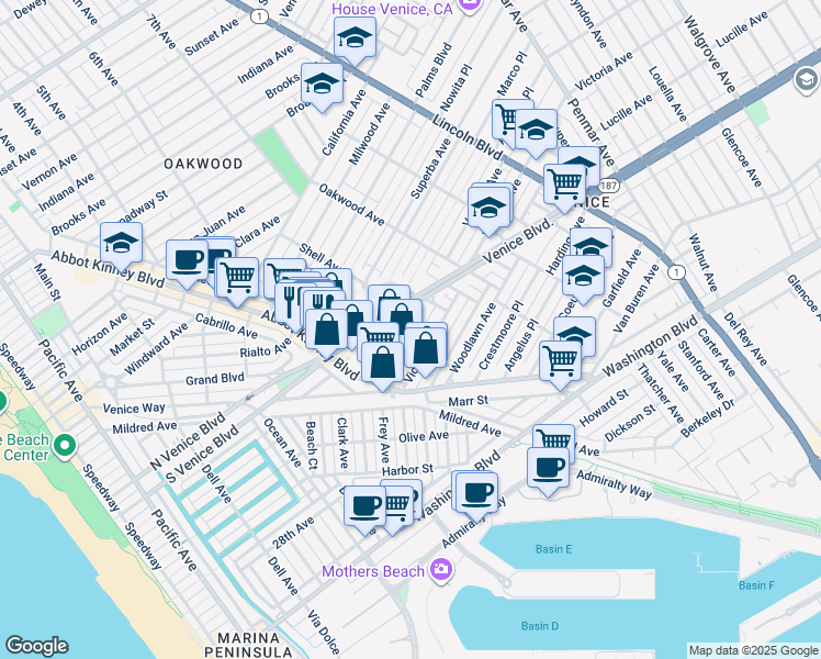 map of restaurants, bars, coffee shops, grocery stores, and more near in Los Angeles