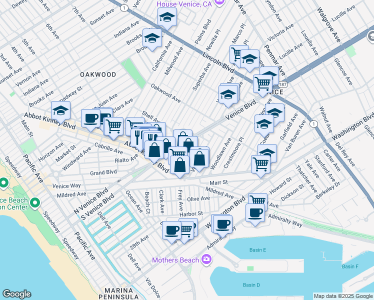 map of restaurants, bars, coffee shops, grocery stores, and more near in Los Angeles